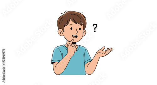 Young boy in a light blue t-shirt looking up and thinking with a hand on his chin and a black question mark over his shoulder.