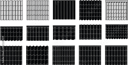Top view of roof sheets in corrugated, flat, and tile patterns, black vector silhouettes, minimalist architectural style, for builders and designers
