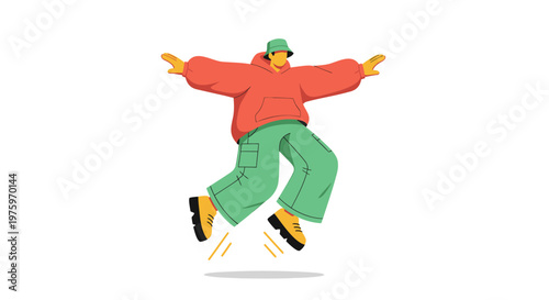 Colorful vector illustration of a person dancing, joyful movement, vibrant outfit, energetic pose