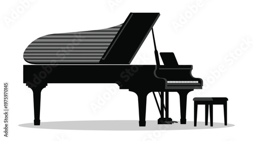 A black grand piano with stool.