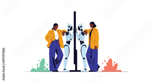 Robots, futuristic humanoid bots, people, technology icons, vector illustrations