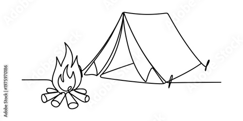 A single continuous line drawing of a camping tent set up next to a crackling campfire outdoors. Vector, illustration
