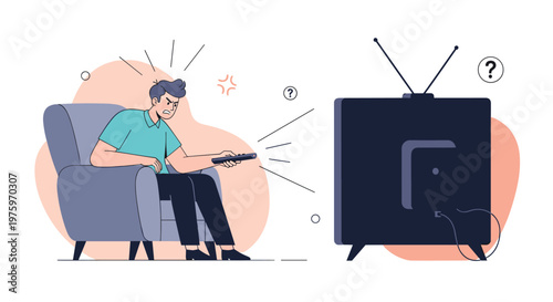 Frustrated man sitting in an armchair and using a remote control while shouting at a broken or malfunctioning television set.