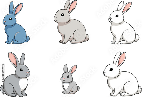 Cute Rabbit Bunny Illustration Set with Different Colors and Sitting Poses for Animal Character Design Children Education and Cartoon Graphics