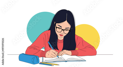 Diligent young woman with glasses concentrating and writing in her notebook while studying at a desk with school supplies.