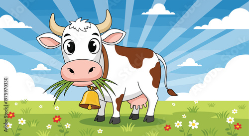 Happy spotted cow with a golden bell around its neck standing in a green flower meadow and chewing on fresh green grass.