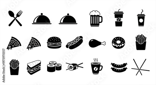 Streamlined vector glyphs illustrating a wide array of popular meals and refreshing beverages