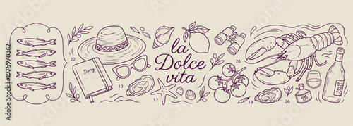 La Dolce Vita Italian lifestyle sketch, vintage Mediterranean vacation graphics, hand drawn Italy holiday elements, romantic European travel doodles, classic Italian summer aesthetic, hand drawn lemon