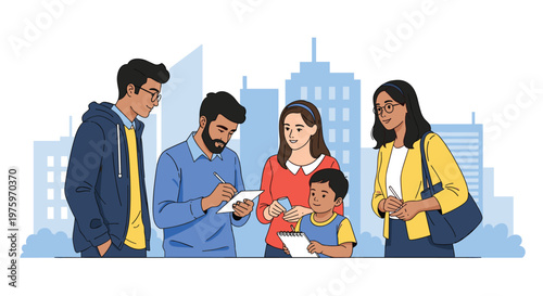 Group of diverse young professionals and a child standing in the city and having an active discussion with notebooks and pens.