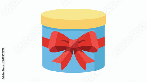 A blue gift box with a yellow lid and red bow.