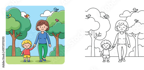 Mother and son holding hands walking in the park with trees and birds, colored vector illustration and black and white coloring page line art for kids.