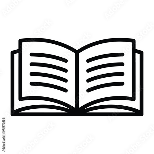 Simple line drawing of an open book with black lines representing text on white pages, symbolizing reading, education, knowledge, and literature.