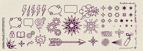 Comic book speech bubbles and starbursts, hand drawn action explosion graphics, pop art thought clouds and gears, vintage comic sound effect shapes, superhero style doodle elements, creative burst and
