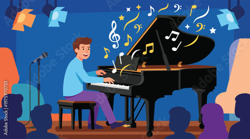 Man playing piano on a stage.