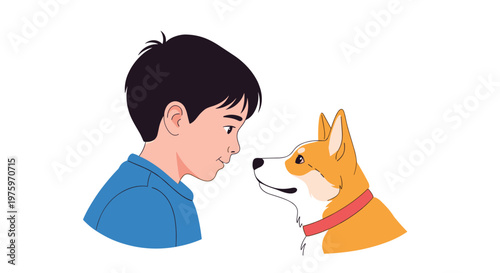 Young boy and cute Welsh Corgi dog looking at each other with love and friendship in their eyes, isolated on a white background.