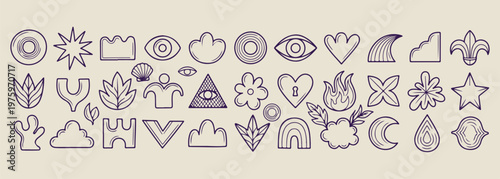 Mystic boho hand drawn symbols, celestial eye and pyramid graphics, bohemian floral and heart icons, spiritual line art collection, esoteric alchemy doodle set, cosmic moon and star sketches, feminine