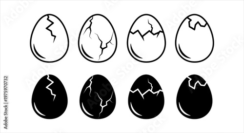 Conceptual monochrome vector series of cracking eggs, symbolizing fragility and new beginnings