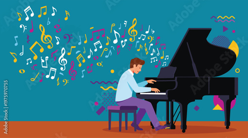 Man playing a grand piano with colorful music notes floating around him.