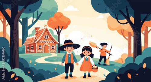Two young children holding hands while walking through a magical forest towards a colorful gingerbread house in a fairytale scene.