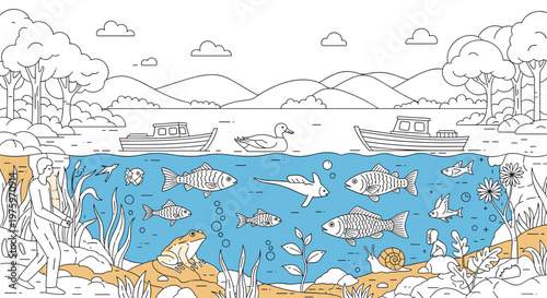 Detailed black and white coloring page style illustration showing various fish and aquatic life in an underwater river environment.