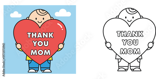 Cute little boy holding a big red heart with Thank You Mom text, colored vector illustration and black and white coloring page line art for kids.