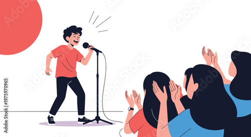 Young boy performing on stage with a microphone while an enthusiastic audience claps and cheers during a live musical show.