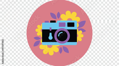 Colorful camera icon with floral design.
