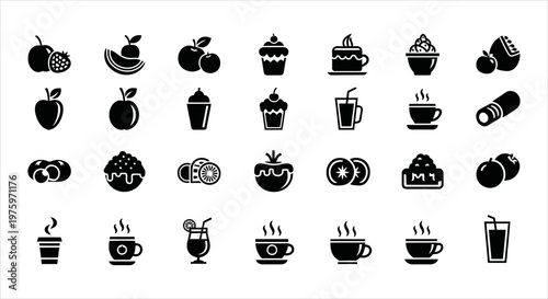 Gastronomic Elements Diverse Vector Icons of Refreshments, Desserts, and Produce for Digital Projects