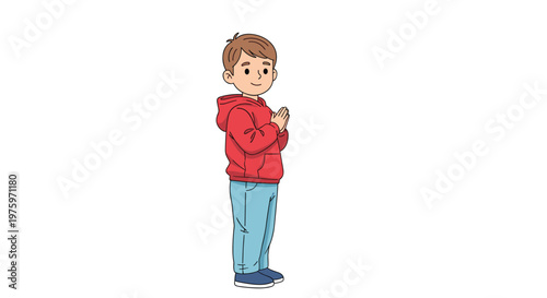 Young boy standing with his hands pressed together in a respectful or prayerful gesture while wearing a red hoodie and jeans.