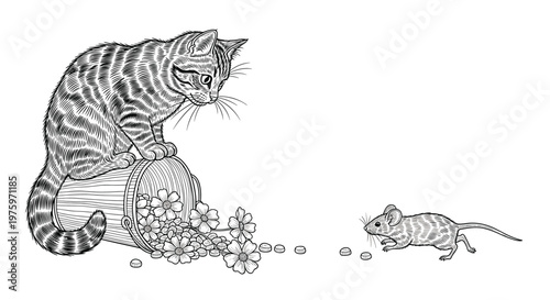 Curious tabby cat sitting on a spilled flower bucket while observing a small mouse running away in a detailed vintage engraving.