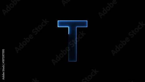 Glowing neon letter 'T' symbol, a shiny light font illustration on a black background English alphabet education type word writing letter text effect smooth footage sign symbol with black background