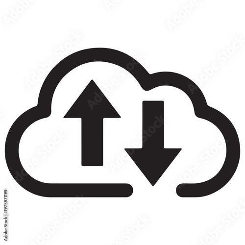 Simple black cloud icon with upload and download arrows symbolizing data transfer
