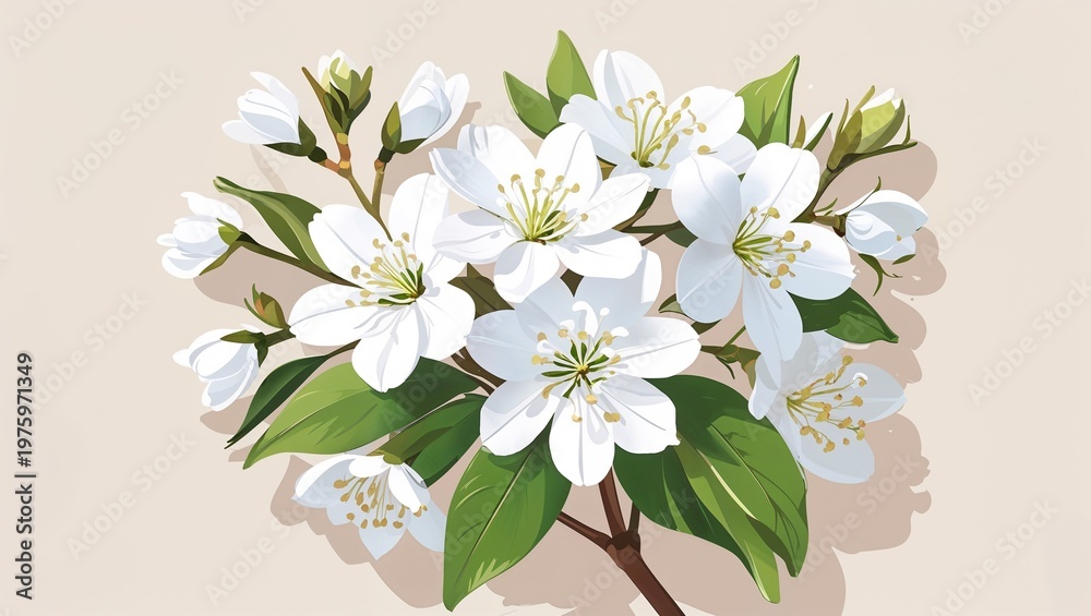 Fototapeta premium White jasmine flowers on a cream background in a clean decorative and smooth digital art style simple illustration
