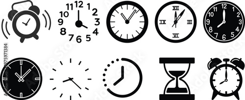 Vector Time and Clock icons set.Clocks icon collection design. Horizontal set of analog clock icon symbol .Circle arrow icon.Vector illustration.horizontal set of analog alarm clock icon notifying