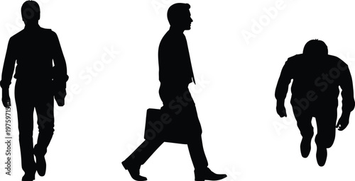 Front, side, top view of three office people walking together, casual movement, professional silhouettes, minimalist vector, clean outlines, business scene