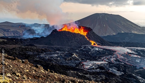 Volcanic Eruption - Fiery Lava Flowing Down Mountain Slope.