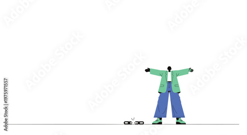 Cartoon man balancing on tightrope, green jacket, blue pants, vector illustration