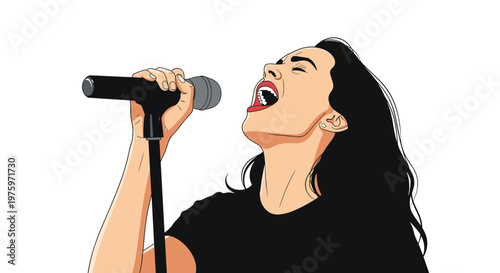 Expressive woman with long dark hair singing with great passion into a microphone during a powerful vocal performance.