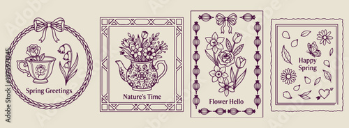 floral teapot and vase doodles, hand drawn garden flower sketches, aesthetic tea time line art, creative botanical vase drawings, minimal floral element icons, scrapbook garden doodle set, elegant flo