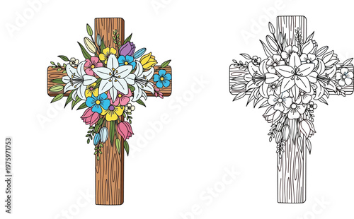 Easter Wooden Cross with Spring Flowers Illustration, Hand Drawn Christian Religious Symbol with Lilies and Floral Bouquet in Color and Line Art Versions for Design and Coloring Page
