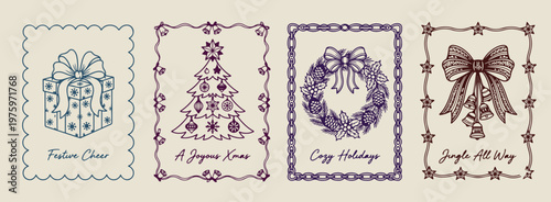 christmas tree and wreath frames, hand drawn holiday border sketches, aesthetic xmas tree doodles, creative winter wreath line art, minimal holiday card elements, scrapbook christmas frame set, ornate