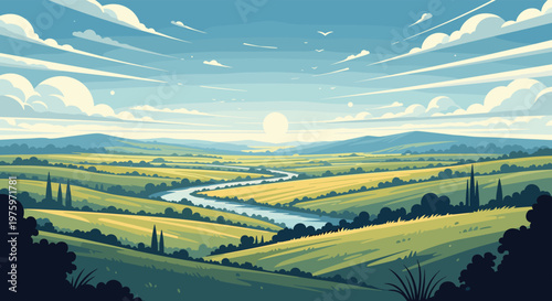 Vast rolling hills and green valleys with a long winding river flowing towards a distant bright sun during a peaceful dawn.