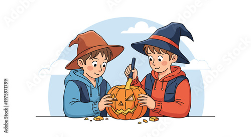 Two young boys wearing wizard hats while working together to carve a spooky jack-o-lantern for Halloween celebrations.