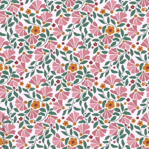 Seamless vintage floral flower pattern design with decorative leaves for wallpaper and textile fabric use
