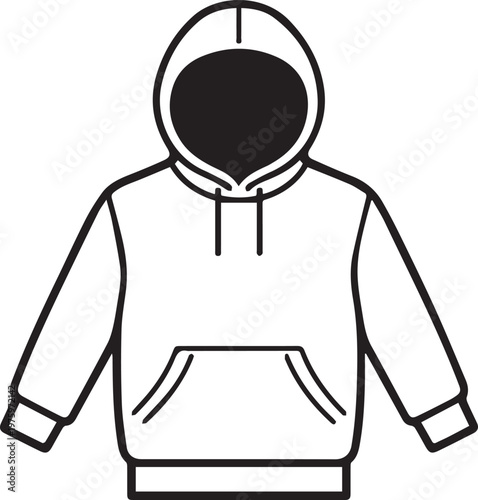 A detailed outline of a classic hoodie, a staple of casual and sports clothing, shown in a clean black and white illustration. 