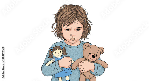 Sad and lonely young girl with messy hair holding a small doll and a brown teddy bear for comfort in a detailed drawing.
