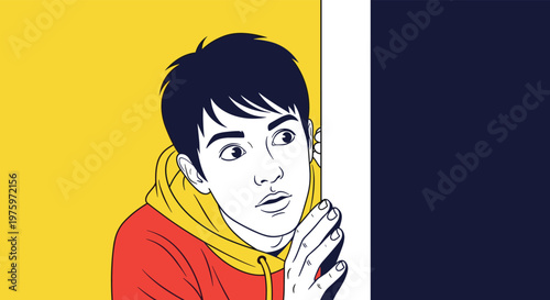 Curious or suspicious young man in a red hoodie peeking cautiously around the corner of a wall in a bold graphic style.