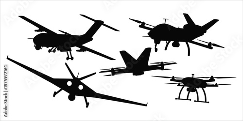 Silhouettes of various aerial vehicles drones airplanes and helicopters