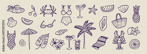 tropical beach and vacation doodles, hand drawn summer holiday sketches, aesthetic island life line art, creative beach outfit drawings, minimal palm tree icons, scrapbook summer travel elements, trop