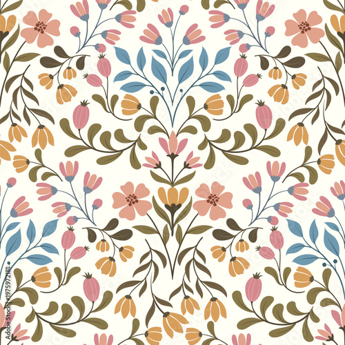Seamless vintage floral pattern with decorative flowers and leaves for wallpaper and textile design